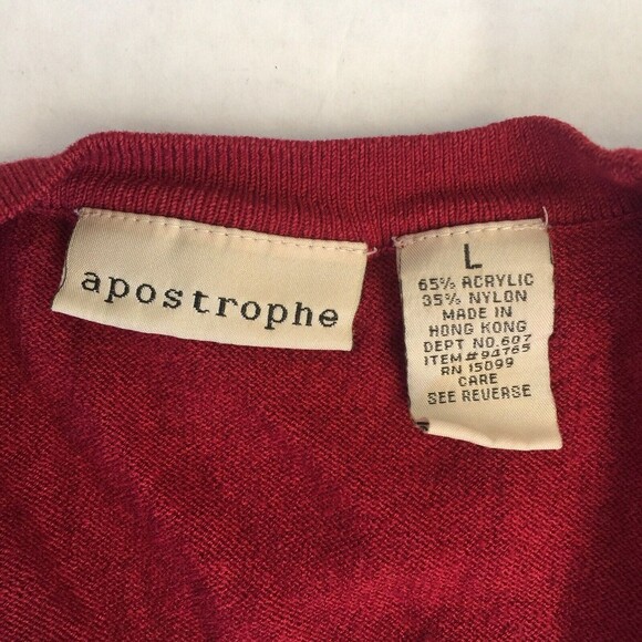 Apostrophe Cardigan Red 3/4 Sleeves Vintage Made in HK Acrylic Nylon Size Large - Picture 3 of 11